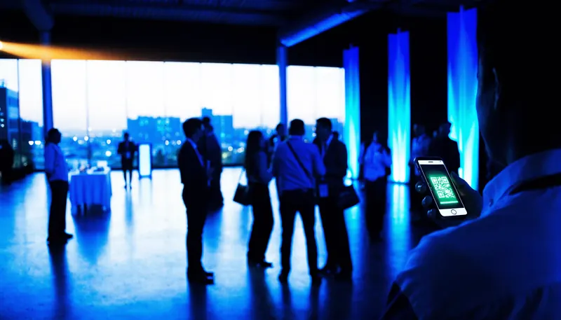 Escena ilustrativa: sala en penumbra con columnas de luz azul y, en primer plano, un telefono con un pase de acceso en pantalla.