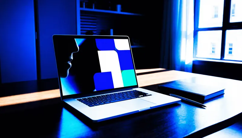 Escena ilustrativa: laptop abierta sobre un escritorio en penumbra mostrando la pagina de un evento.